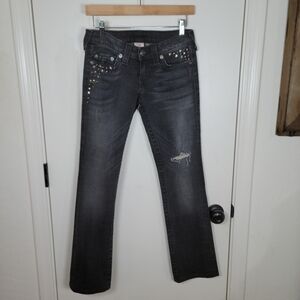 True Religion Black Low Rise Studded Distressed Straight Leg Jeans Size 27
